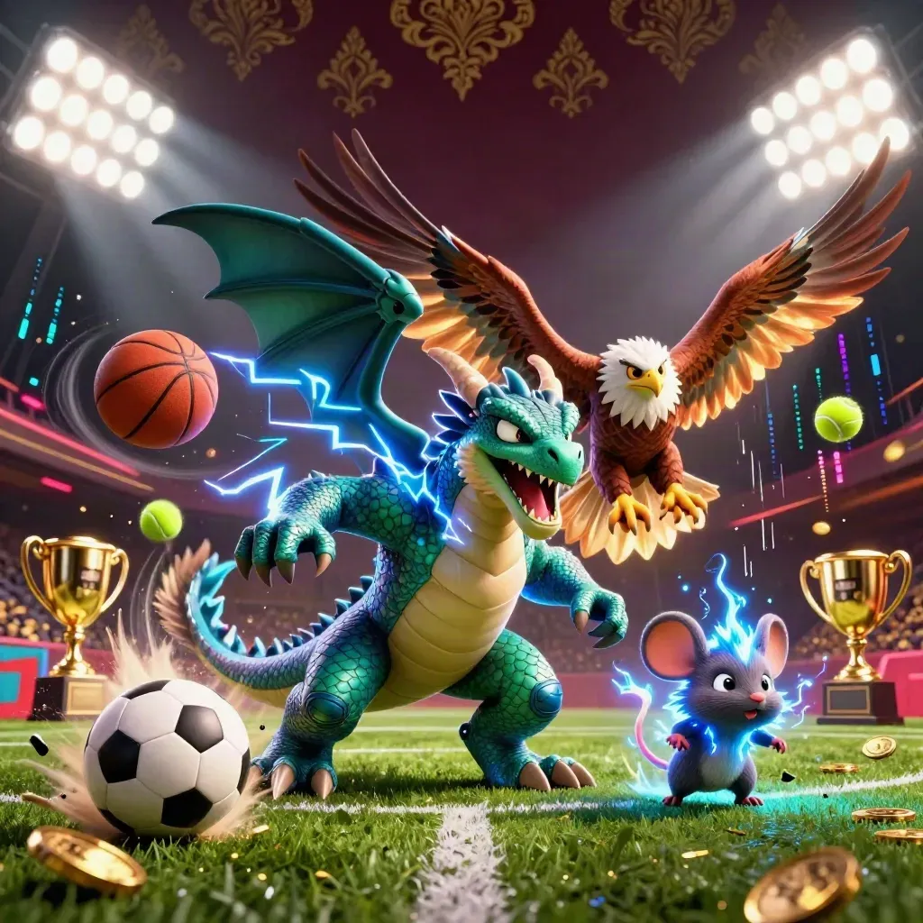 Ground-level fantasy sports splash with a lightning dragon, hawk, mouse, balls, trophy, coins and neon beams.