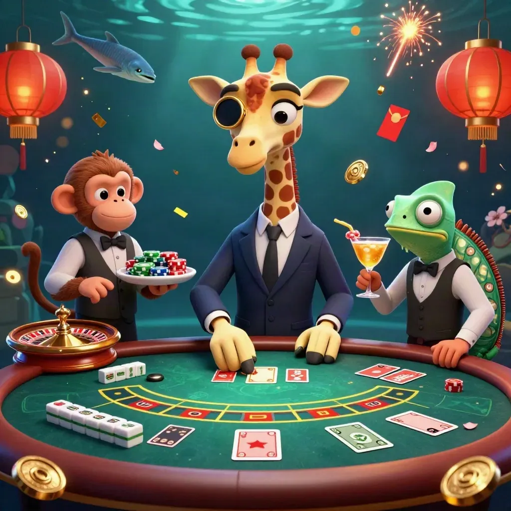Giraffe high roller with monkey valet and chameleon bartender amid glowing casino props and gold sparks
