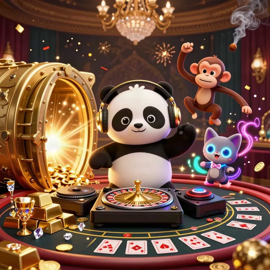 3D panda DJ, monkey, and glow-stick kitten amid vault gold, casino lights, and confetti