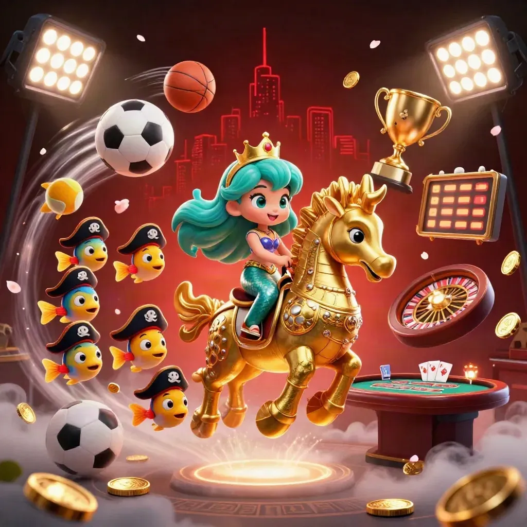 Mermaid princess on armored seahorse amid casino props, coins, lights, and red neon fog.