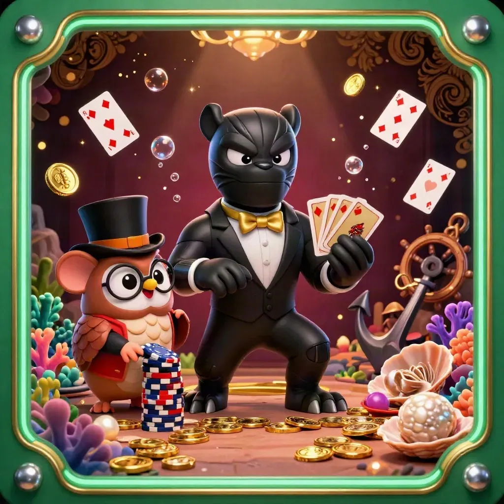 Black panther, owl, and mouse deal cards amid gold coins and emerald treasure in a luxe vault