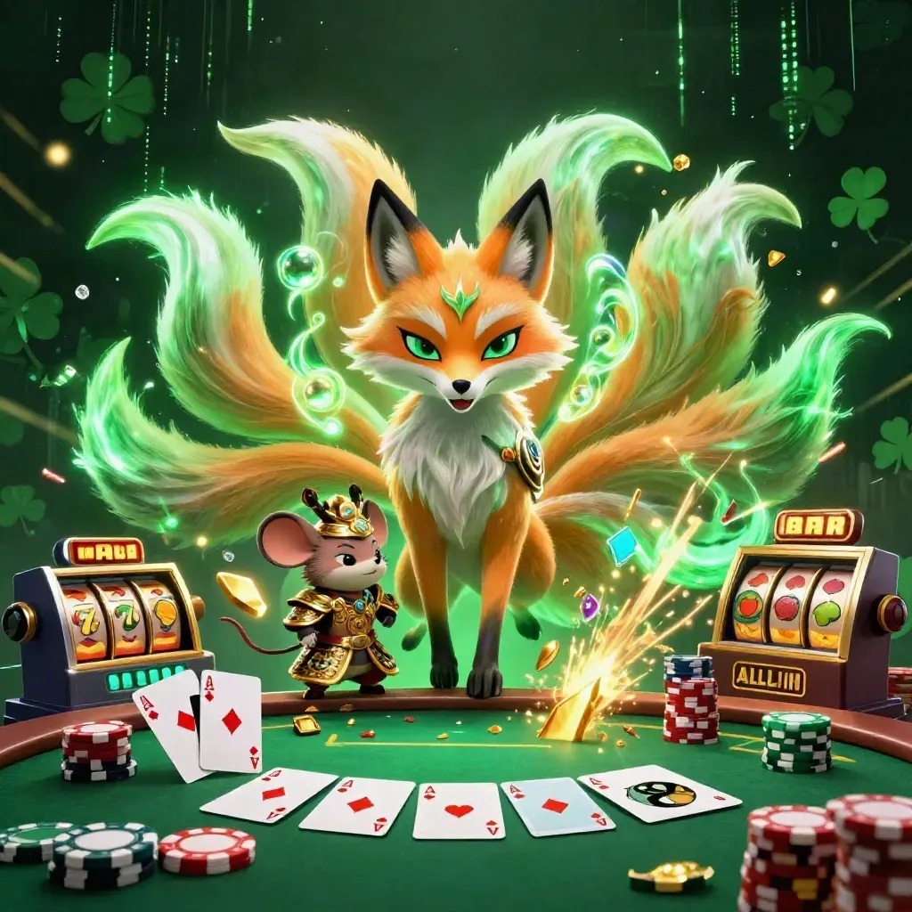 Emerald fox spirit and gold-armored mouse amid chips, cards, reels, and casino magic.