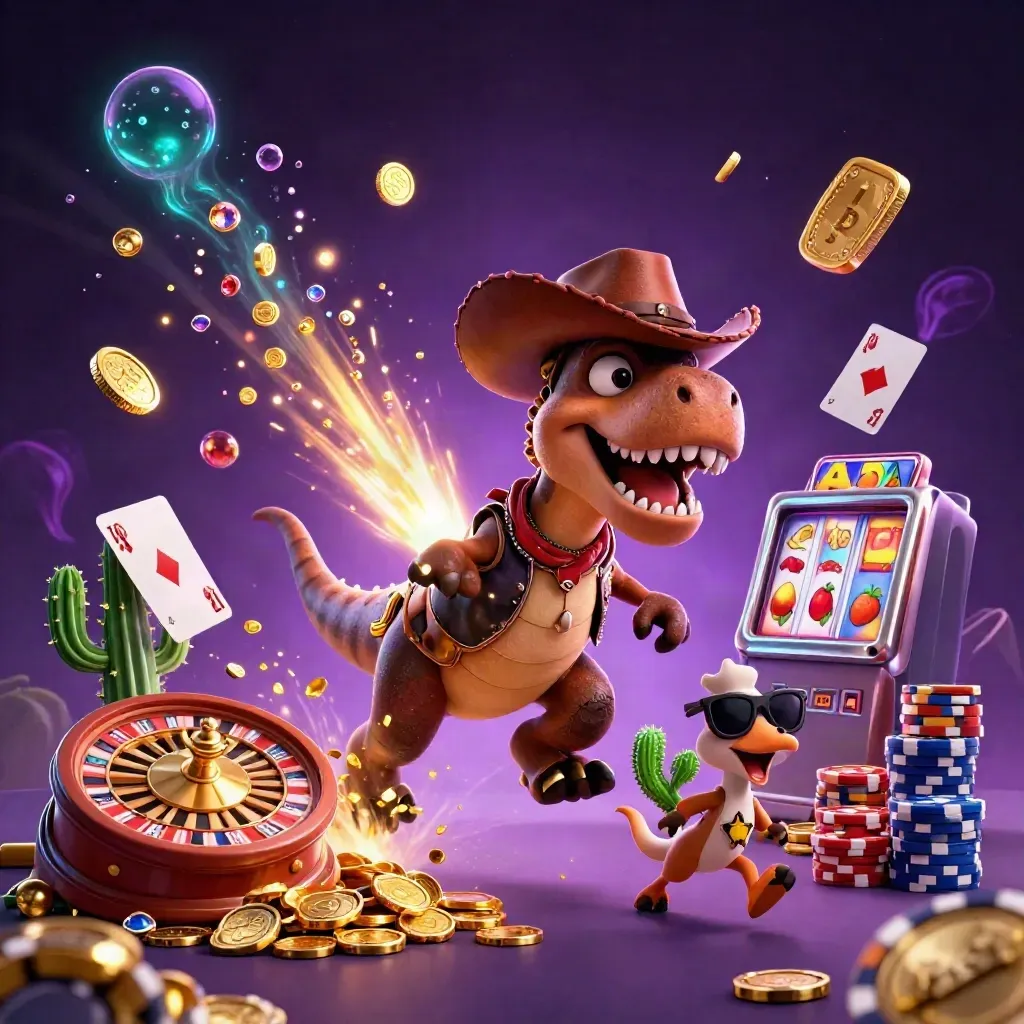 Cowboy T-Rex, cactus buddy, and roadrunner in a treasure burst with casino lights.