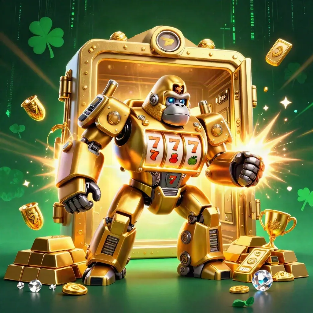 Golden gorilla slot mech with tiny monkey pilot blasting treasure from a vault door