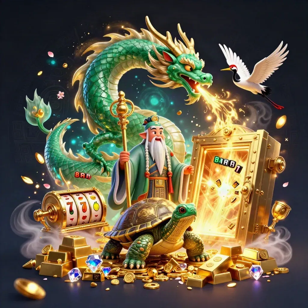 Emerald dragon, turtle sage, and cranes burst from a golden vault with casino reels and treasure.
