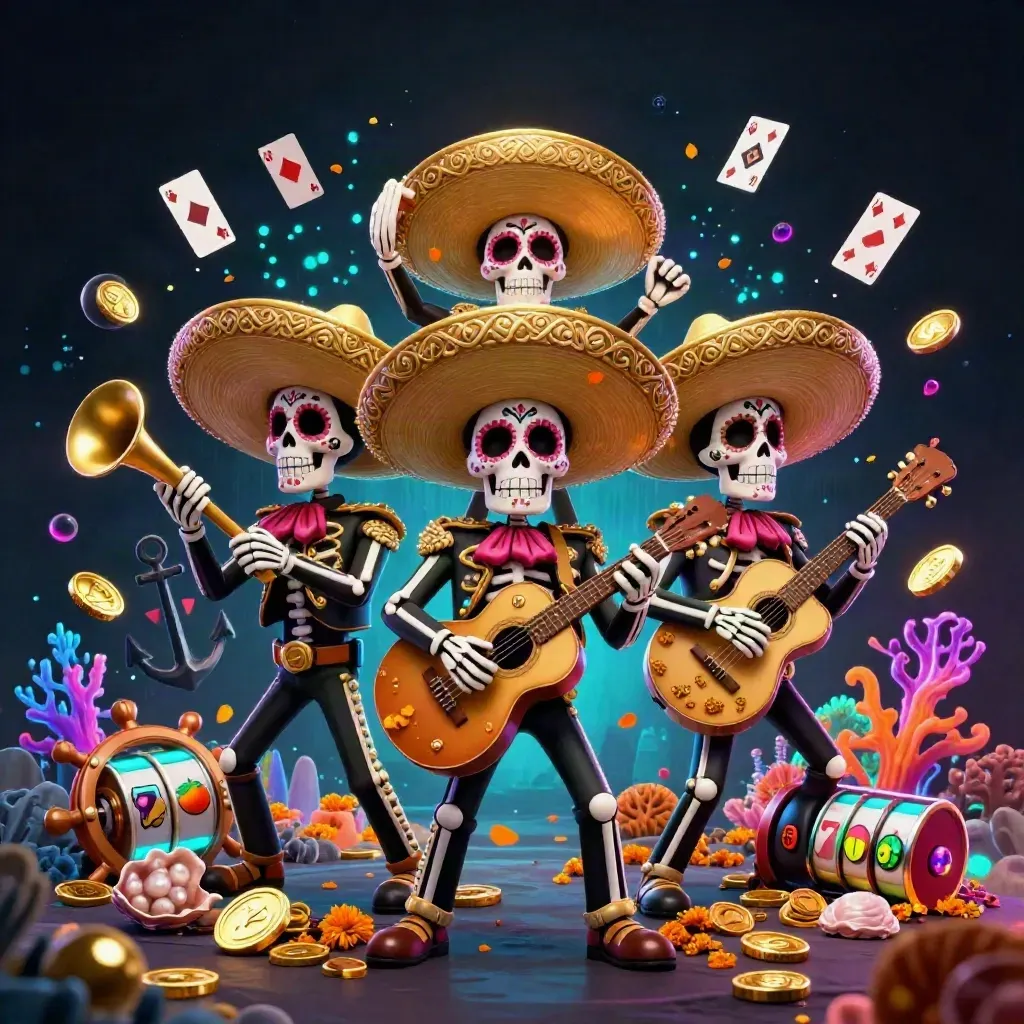 Day-of-the-Dead skeleton mariachi trio amid gold coins, coral, cards and neon casino energy.