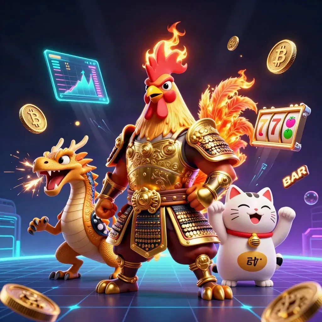Golden rooster warrior, dragon hatchling, fortune cat, coins, lightning, slots, and neon glow on dark background