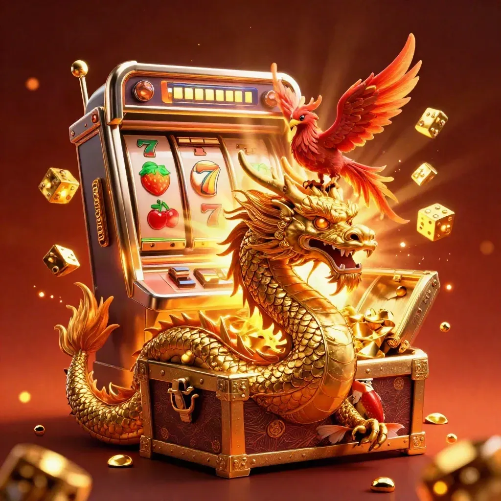 Golden dragon with phoenix, koi, chest, and slot burst in fiery casino glow